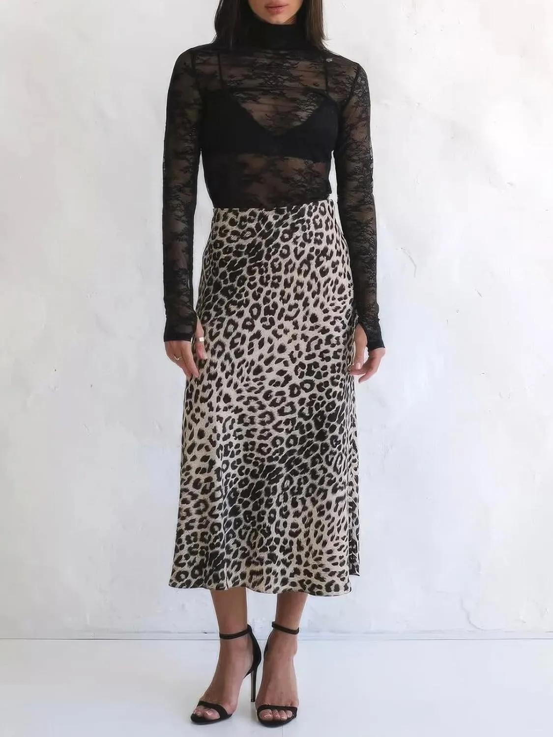 ebossy Women's Elegant Leopard Print Long Satin Skirt Silk Dressy Hidden Elastic Waist Flared A-Line Maxi Skirts