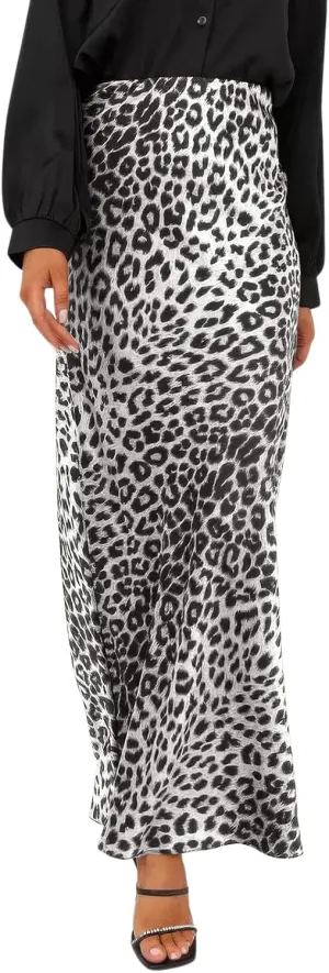 ebossy Women's Elegant Leopard Print Long Satin Skirt Silk Dressy Hidden Elastic Waist Flared A-Line Maxi Skirts