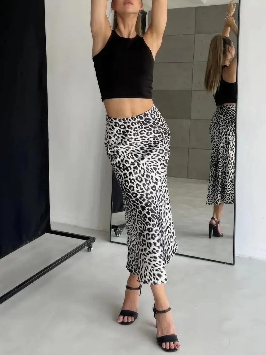 ebossy Women's Elegant Leopard Print Long Satin Skirt Silk Dressy Hidden Elastic Waist Flared A-Line Maxi Skirts