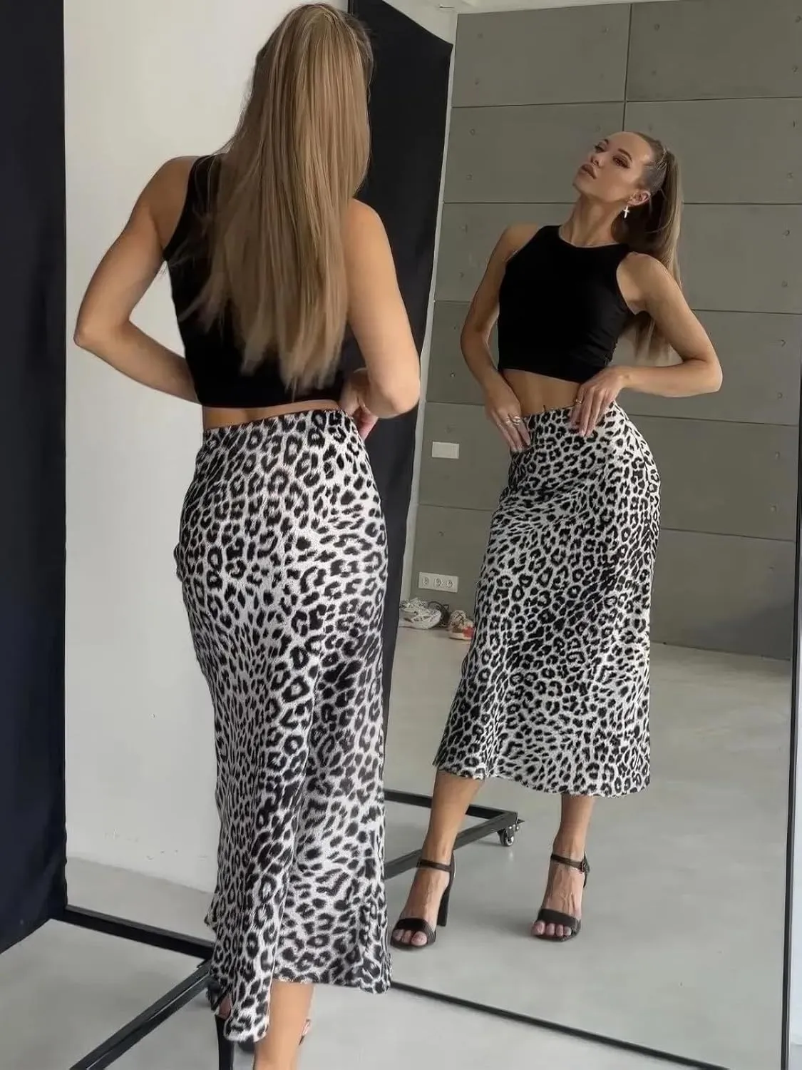 ebossy Women's Elegant Leopard Print Long Satin Skirt Silk Dressy Hidden Elastic Waist Flared A-Line Maxi Skirts