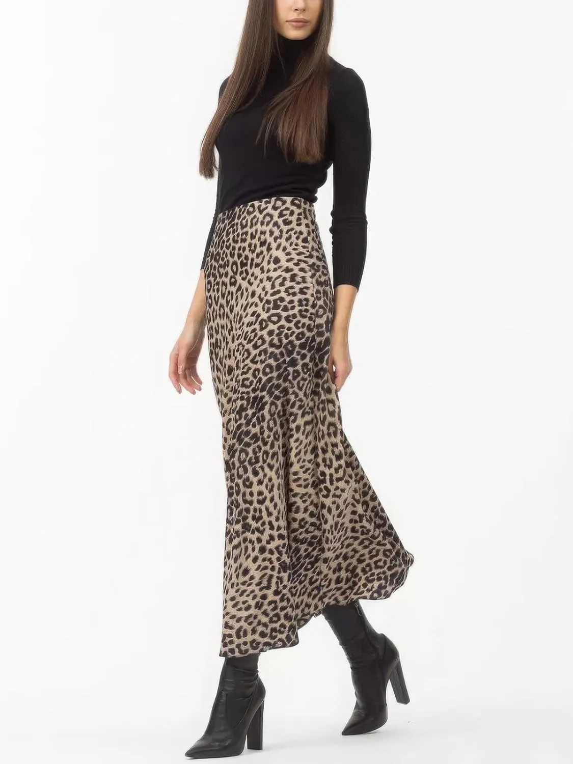 ebossy Women's Elegant Leopard Print Long Satin Skirt Silk Dressy Hidden Elastic Waist Flared A-Line Maxi Skirts