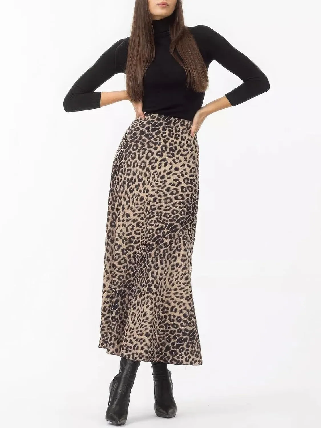 ebossy Women's Elegant Leopard Print Long Satin Skirt Silk Dressy Hidden Elastic Waist Flared A-Line Maxi Skirts
