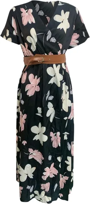 Eduavar Summer Dresses for Women 2024, Boho Dresses for Women 2024 Floral Print Long Dress Sexy V Neck Short Sleeveless Dress