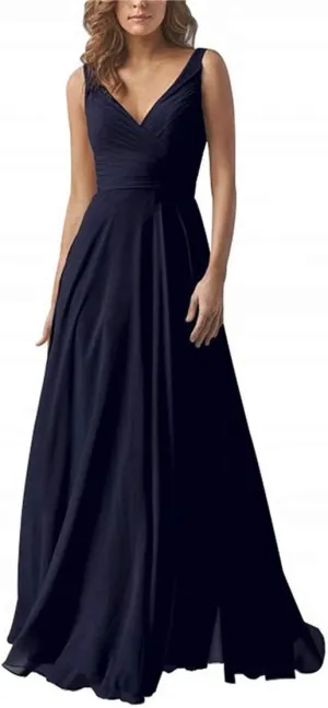 EEFZL Women's Double V Neck Bridesmaid Dress Long Chiffon Prom Evening Juniors Graduation Gowns