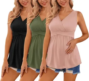 Ekouaer Women's Maternity Tank Tops 3 Packs Sleeveless Nursing Tops V Neck Breastfeeding Shirts Pregnancy Clothes