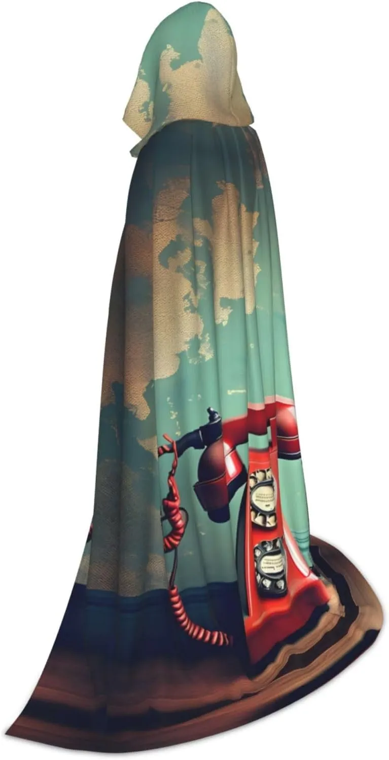 England Uk Retro London Telephone Print Halloween Hooded Cloak Full Length Cape With Hood For Men And Women