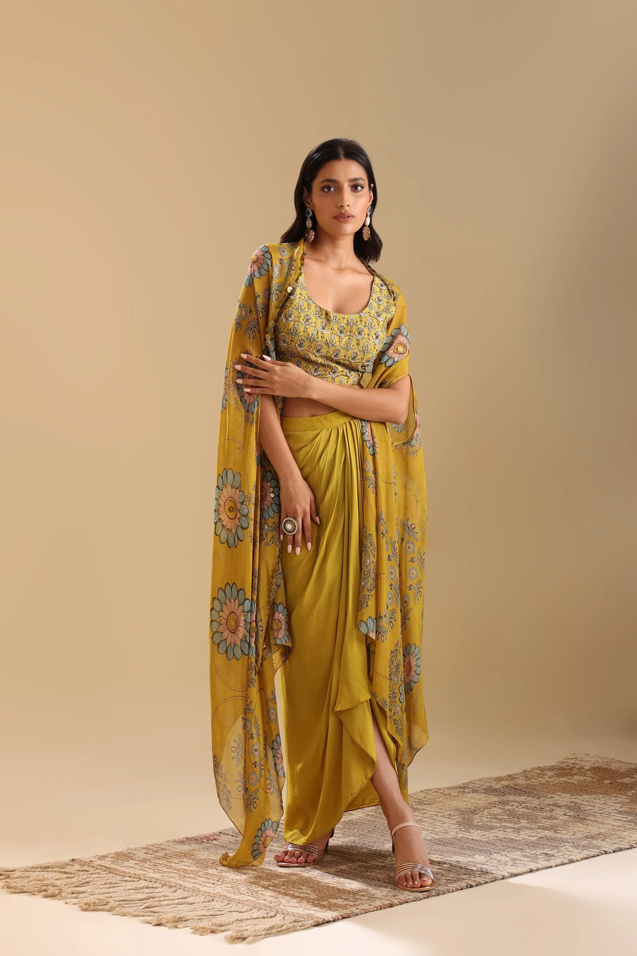 Eraya Emblished Drape Skirt Set With Cape