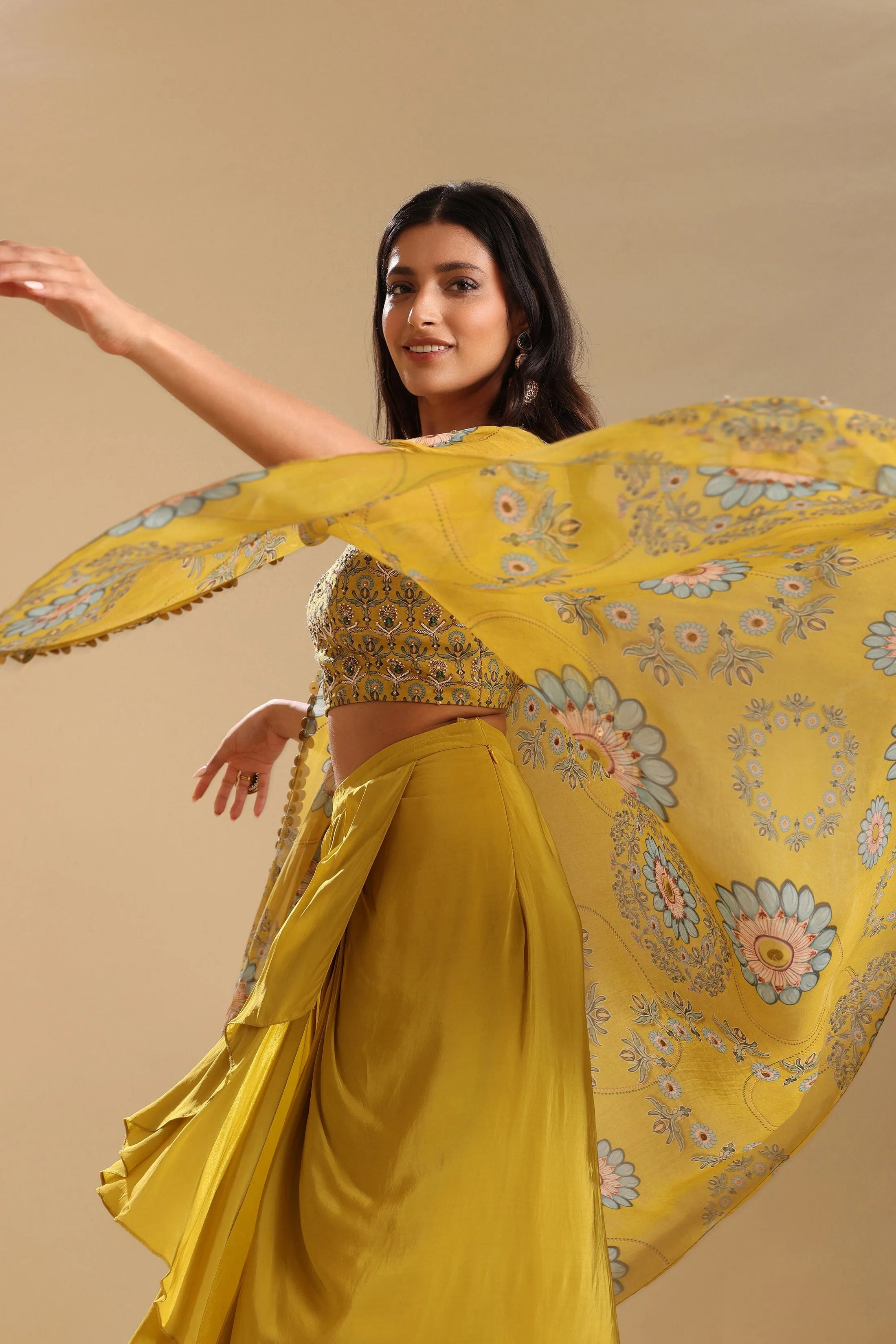 Eraya Emblished Drape Skirt Set With Cape