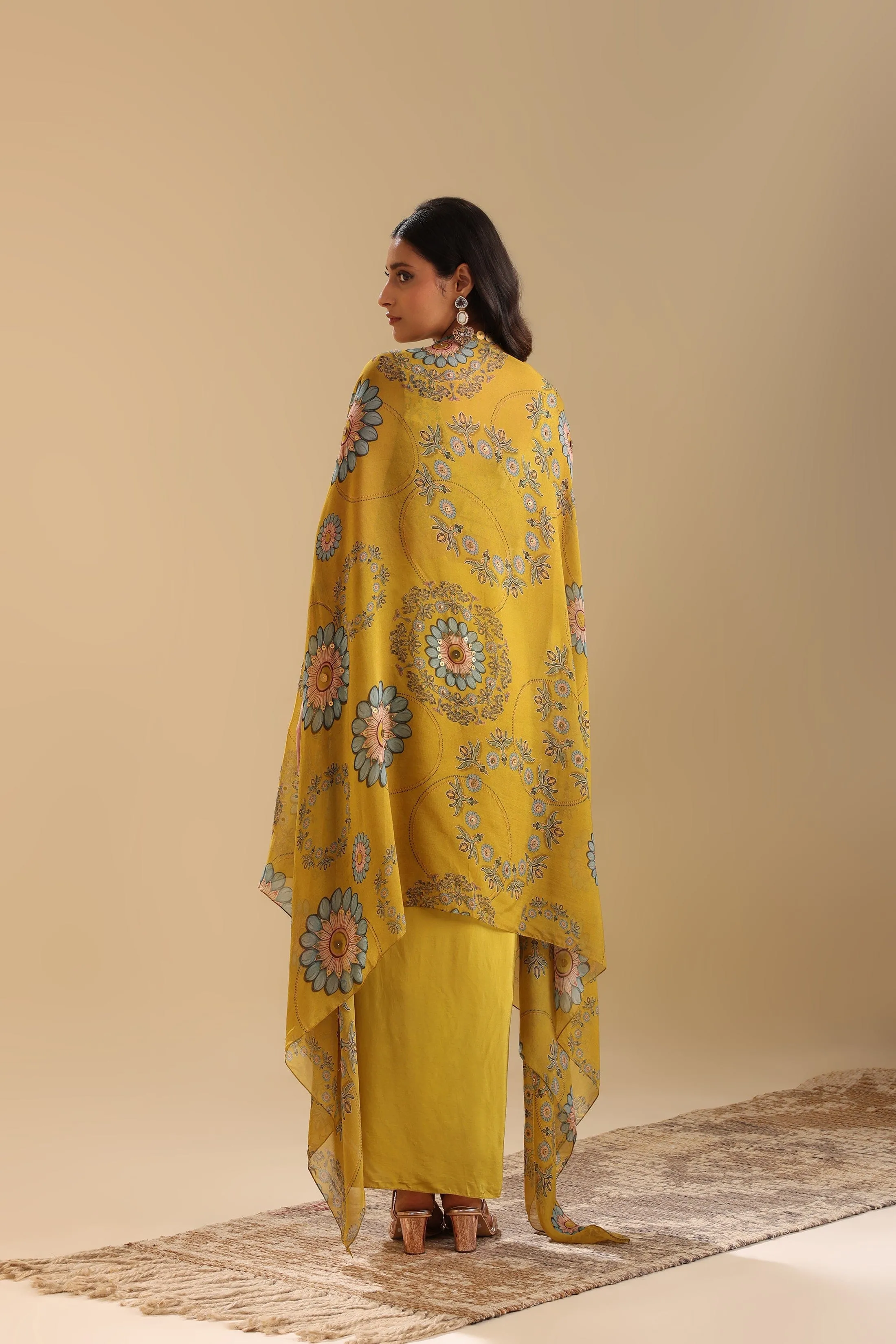 Eraya Emblished Drape Skirt Set With Cape