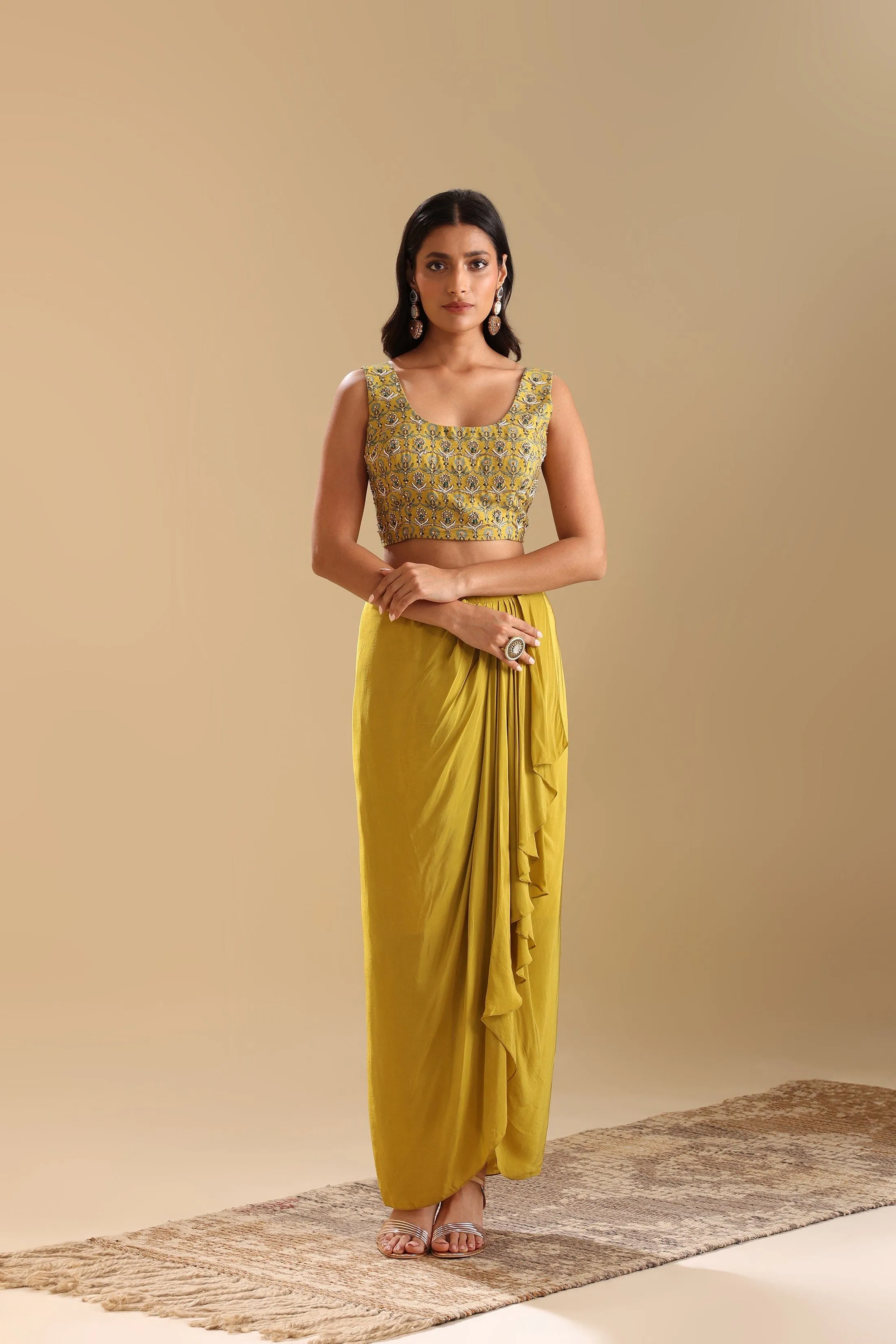 Eraya Emblished Drape Skirt Set With Cape