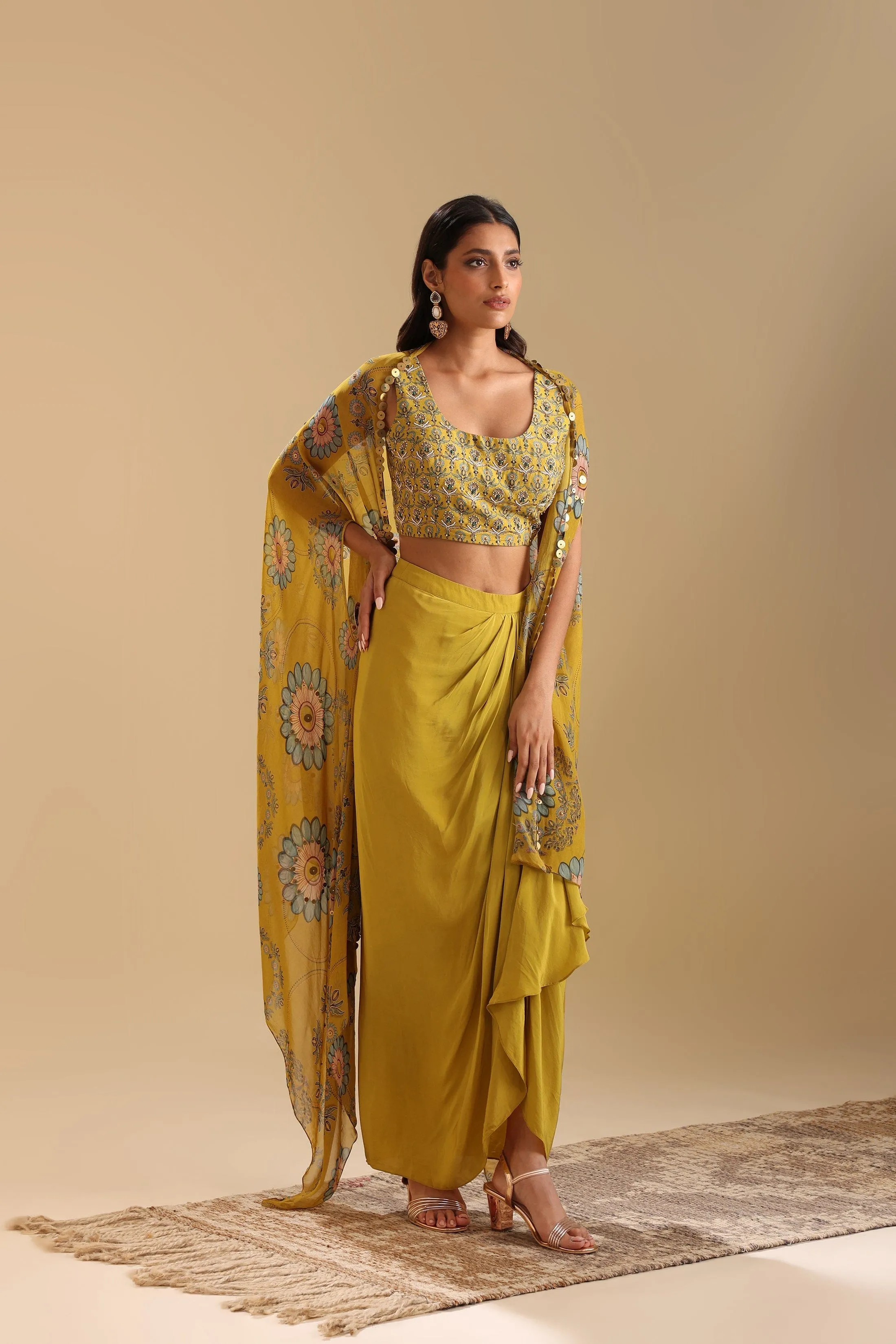 Eraya Emblished Drape Skirt Set With Cape