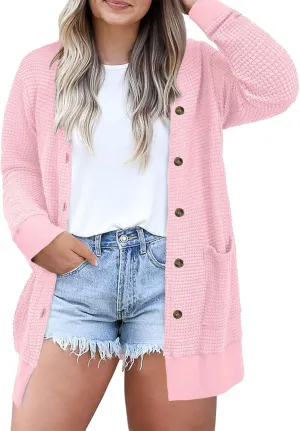 Eytino Womens Plus Size Cardigans Casual Long Sleeve Waffle Knit Front Button Tops(1X-5X)