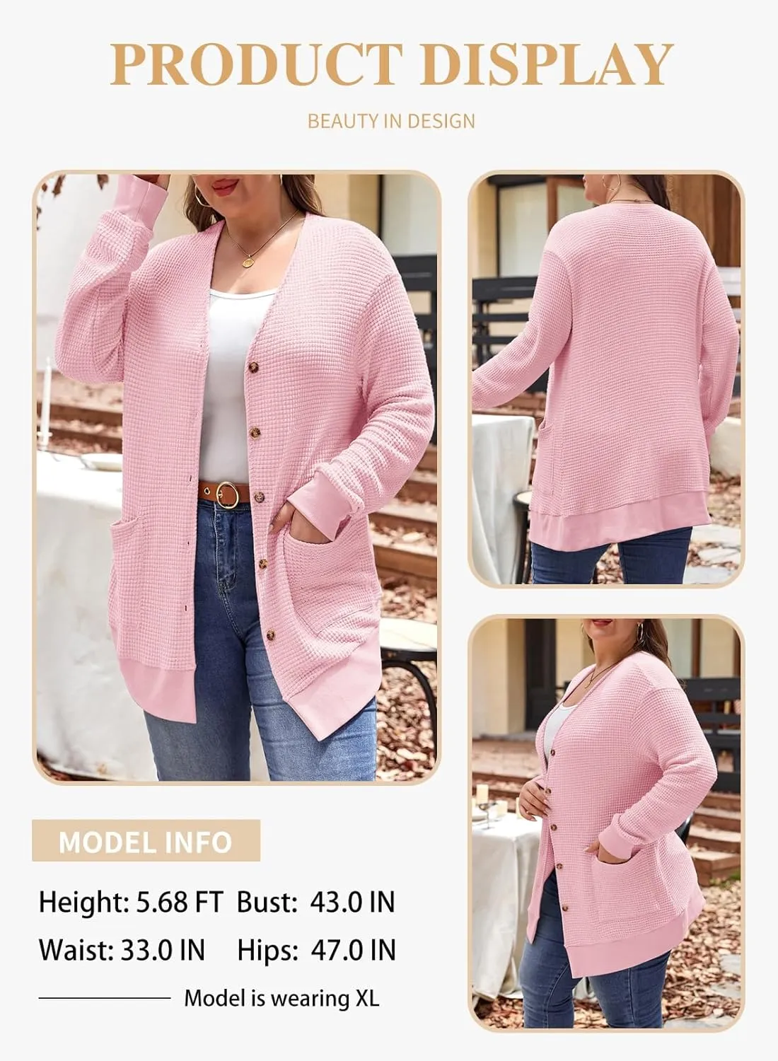 Eytino Womens Plus Size Cardigans Casual Long Sleeve Waffle Knit Front Button Tops(1X-5X)