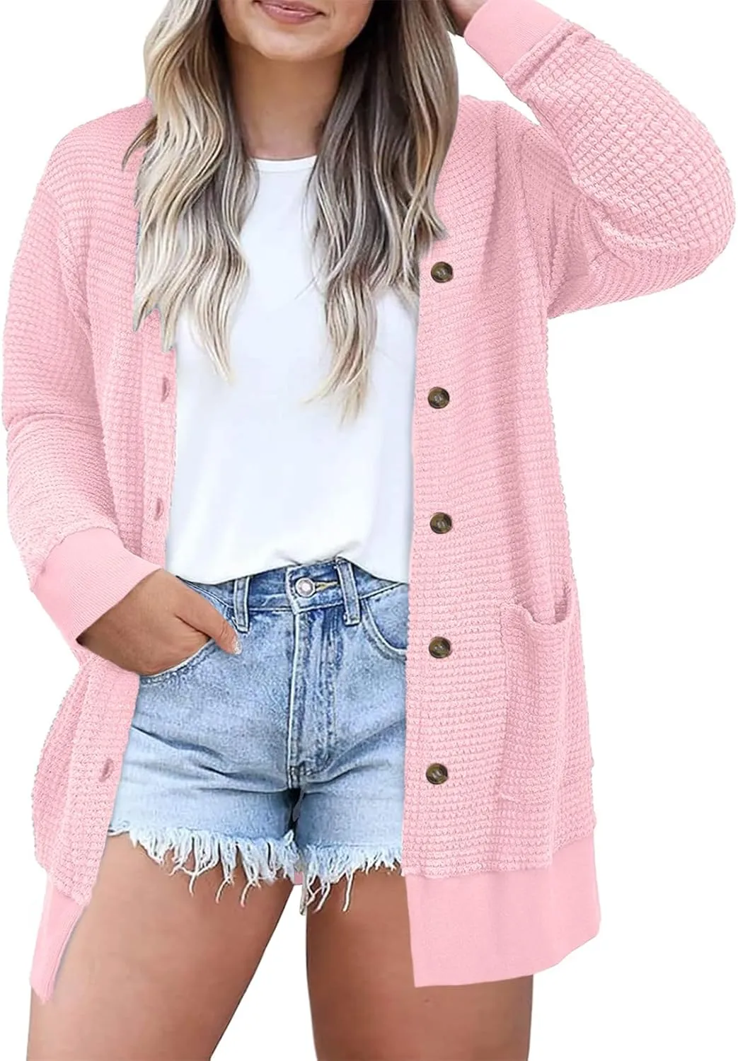 Eytino Womens Plus Size Cardigans Casual Long Sleeve Waffle Knit Front Button Tops(1X-5X)