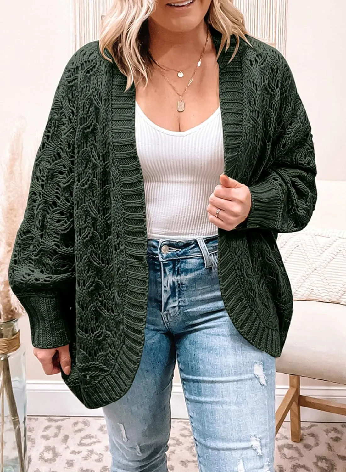 Eytino Womens Plus Size Crochet Cardigan Sweater Long Sleeve Hollow Out Open Front Cardigans Outwear(1X-5X)