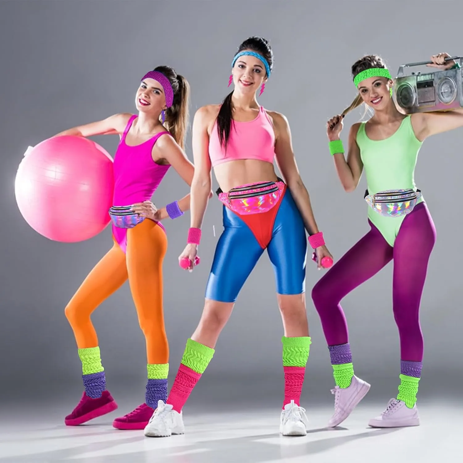 FIRAZIO 80s Women Neon Extra Long Heavy Slouch Socks Set Holographic Fanny Pack Wristbands Headband for Yoga Running Hiking
