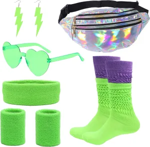 FIRAZIO 80s Women Neon Extra Long Heavy Slouch Socks Set Holographic Fanny Pack Wristbands Headband for Yoga Running Hiking