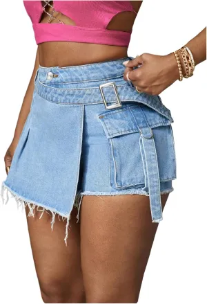 Floerns Women's Distressed Asymmetrical Skinny Denim Shorts High Waisted Cargo Jean Skorts