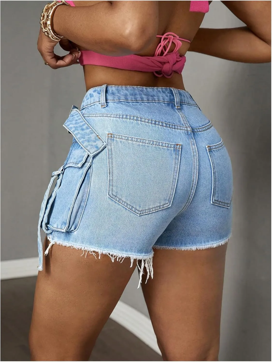 Floerns Women's Distressed Asymmetrical Skinny Denim Shorts High Waisted Cargo Jean Skorts