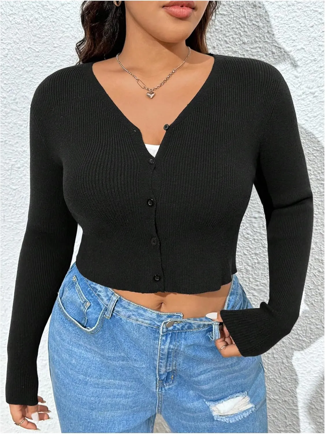 Floerns Women's Plus Size V Neck Long Sleeve Cardigan Sweater Button Down Knit Cardigans