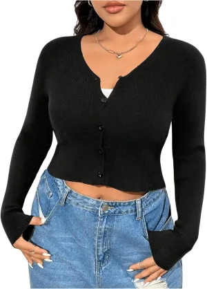 Floerns Women's Plus Size V Neck Long Sleeve Cardigan Sweater Button Down Knit Cardigans