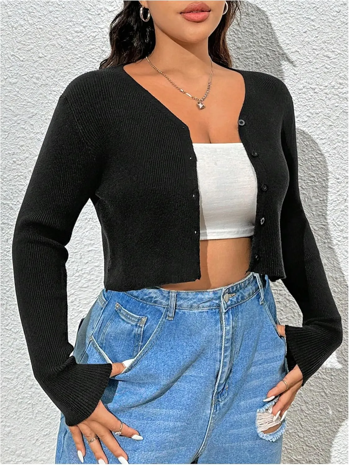 Floerns Women's Plus Size V Neck Long Sleeve Cardigan Sweater Button Down Knit Cardigans