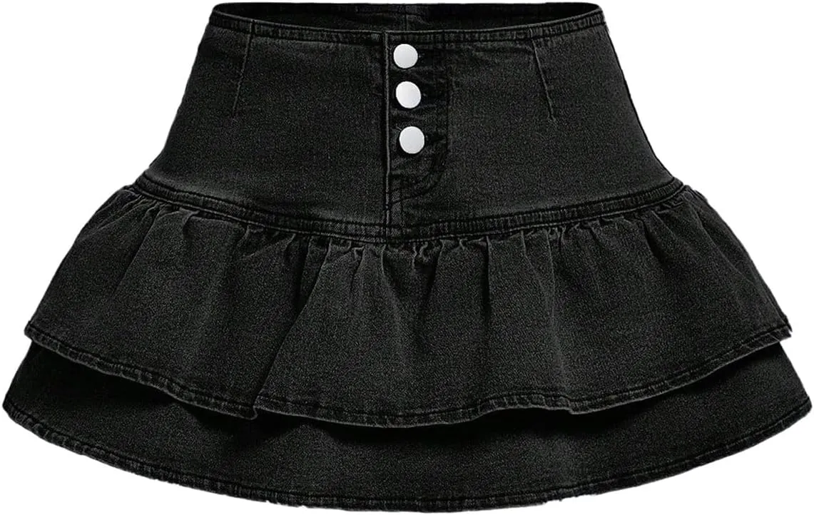 Floerns Women's Ruffle Hem Layered Denim Shorts Button Down Flare Mini Jean Skorts