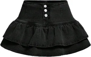 Floerns Women's Ruffle Hem Layered Denim Shorts Button Down Flare Mini Jean Skorts