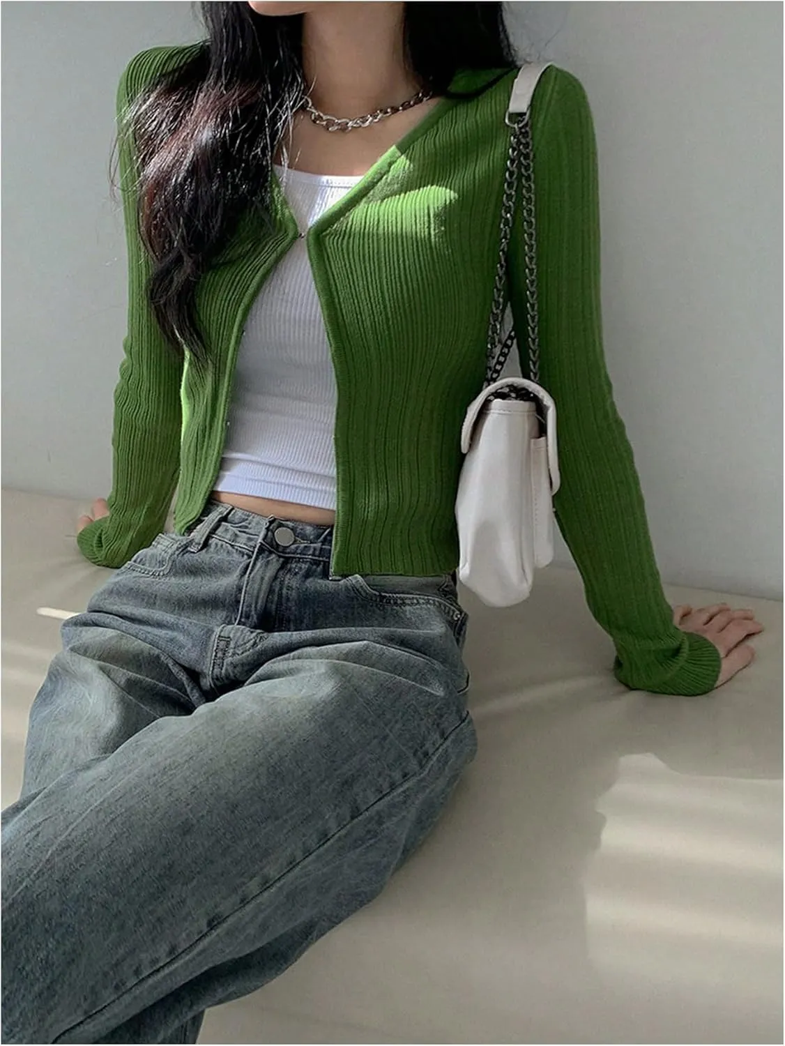 Floerns Women's Solid V Neck Long Sleeve Cardigans Ribbed Knit Cardigan Sweater