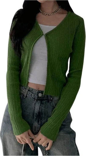 Floerns Women's Solid V Neck Long Sleeve Cardigans Ribbed Knit Cardigan Sweater