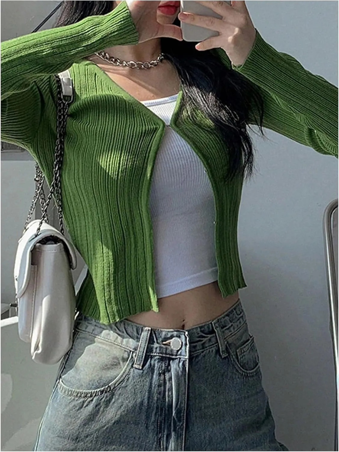 Floerns Women's Solid V Neck Long Sleeve Cardigans Ribbed Knit Cardigan Sweater