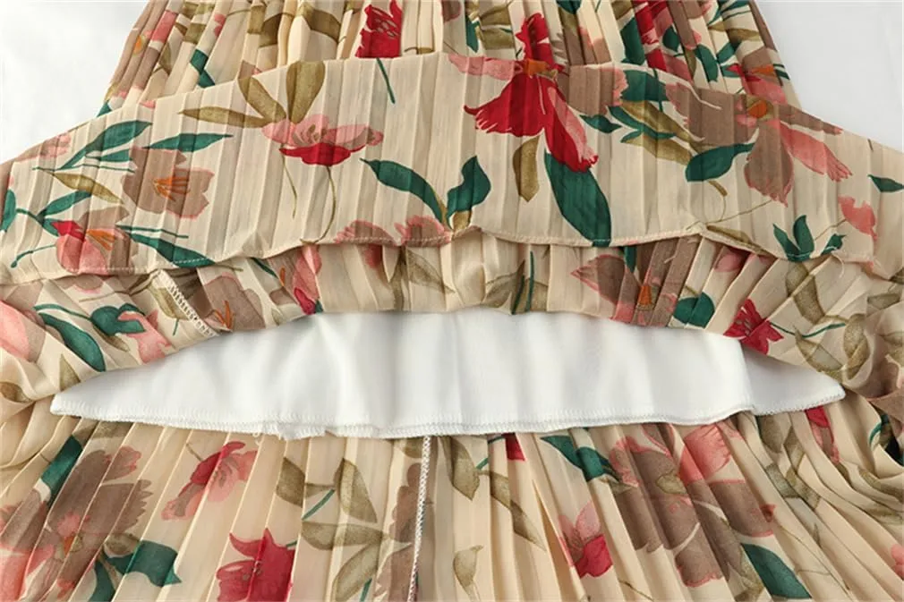 Floral Print Pleated Skirt for Women Spring Summer Autumn Chiffon A Line High Waist Midi Long Beach Skirt Female