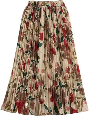 Floral Print Pleated Skirt for Women Spring Summer Autumn Chiffon A Line High Waist Midi Long Beach Skirt Female