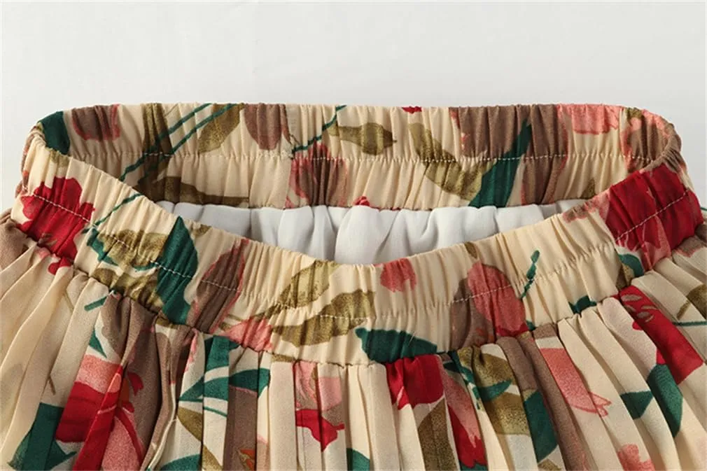 Floral Print Pleated Skirt for Women Spring Summer Autumn Chiffon A Line High Waist Midi Long Beach Skirt Female