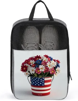 Flowers in Bucket American Flag Pattern Shoe Bag for Travel Daily Use Anti-dust Storage Carrier Golf Shoe Pouch