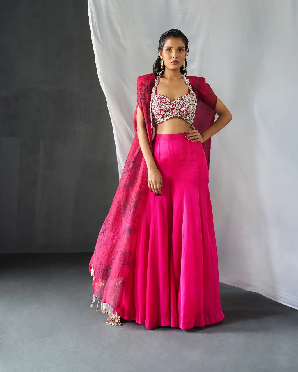 Fuchsia Blossom Cape & Sharara Set