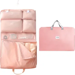 Garment Bags for Travel, Foldable Carry on Travel Duffel Bag for Women, Hanging Weekender Overnight Bag for Clothes, Socks, Underwear, Panties (Pink)