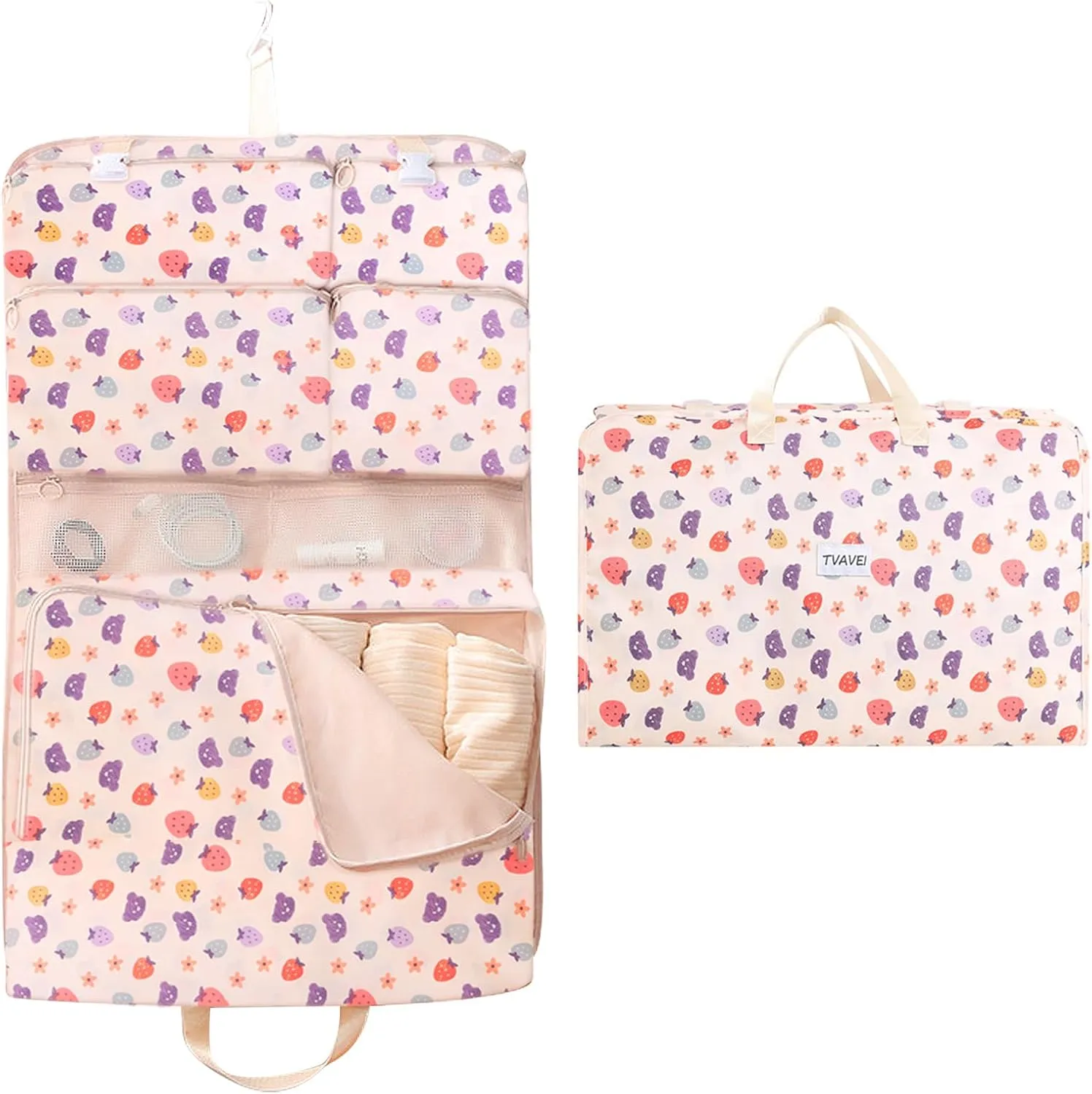 Garment Bags for Travel, Foldable Carry on Travel Duffel Bag for Women, Hanging Weekender Overnight Bag for Clothes, Socks, Underwear, Panties (Strawberry Jam)