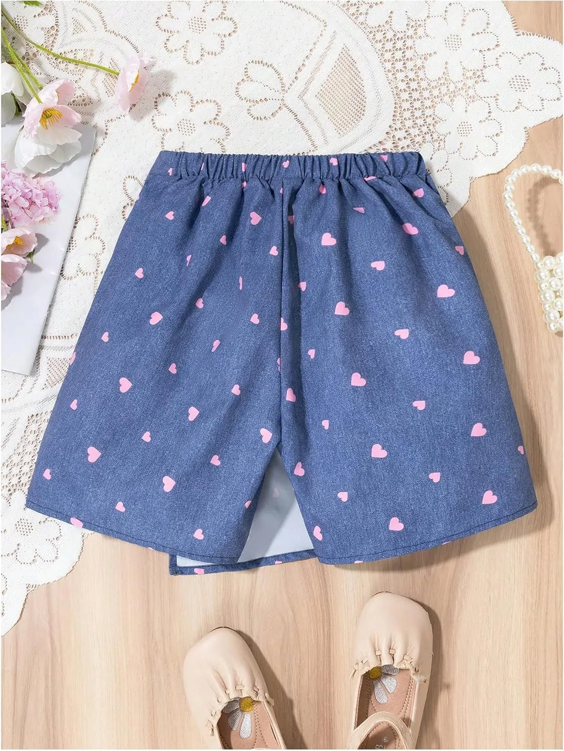 Girl's Cute Heart Print Wrap Skorts Summer Elastic Waist Straight Leg Skirt Shorts