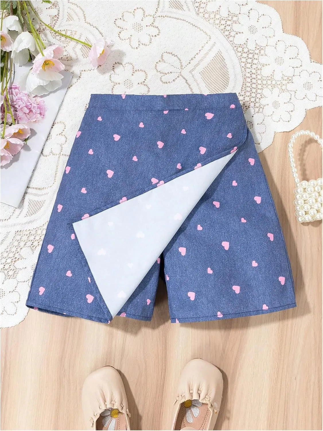 Girl's Cute Heart Print Wrap Skorts Summer Elastic Waist Straight Leg Skirt Shorts