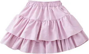 Girls Layered Cute A-Line Skirts Elastic High Waisted Ruffle Flowy Casual Cotton Skirts for Kids 3-12 Years