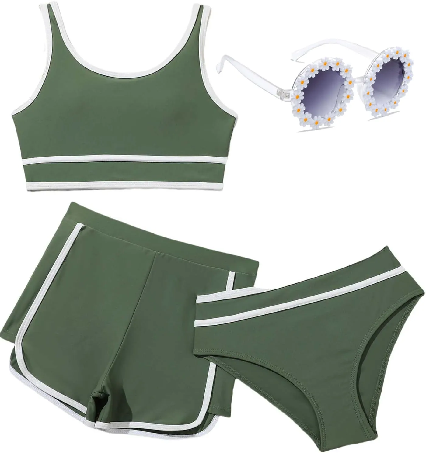 Girls Swimsuits 3 Piece Bathing Suit Bikini Set with Sporty Shorts and Sunglasses Beach Swimwear for Girl 8-15 Years
