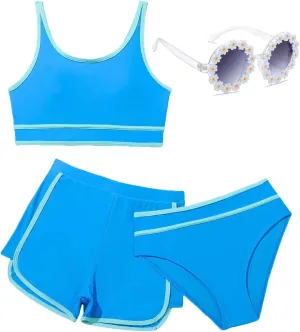 Girls Swimsuits 3 Piece Bathing Suit Bikini Set with Sporty Shorts and Sunglasses Beach Swimwear for Girl 8-15 Years