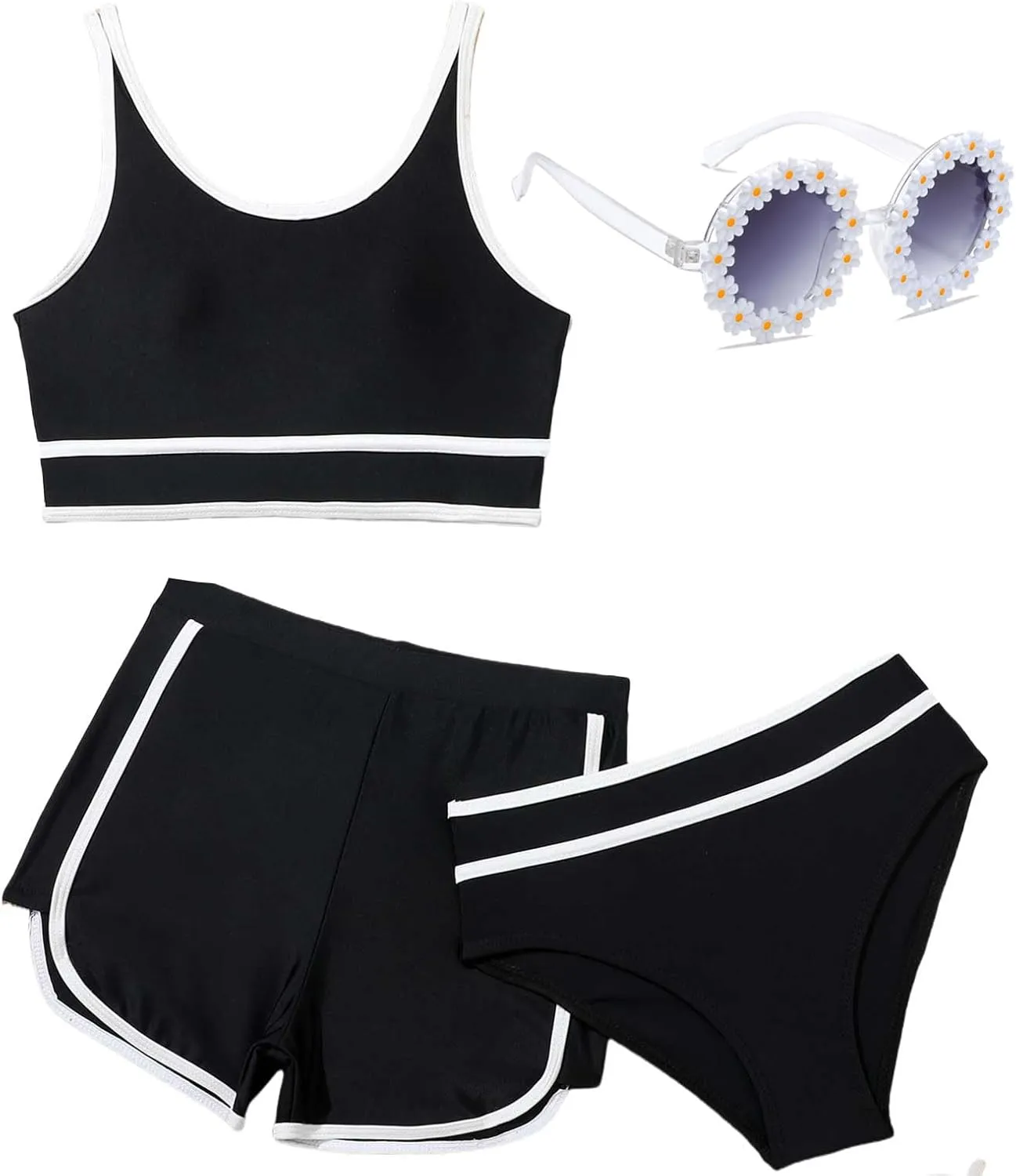 Girls Swimsuits 3 Piece Bathing Suit Bikini Set with Sporty Shorts and Sunglasses Beach Swimwear for Girl 8-15 Years