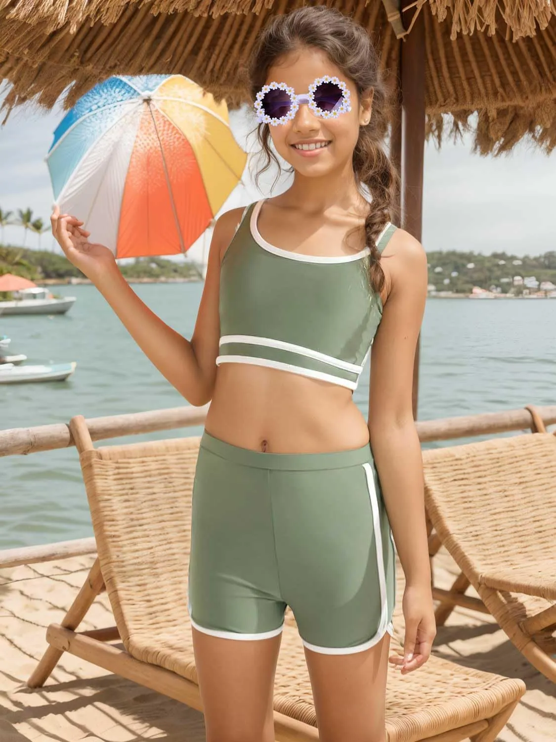 Girls Swimsuits 3 Piece Bathing Suit Bikini Set with Sporty Shorts and Sunglasses Beach Swimwear for Girl 8-15 Years