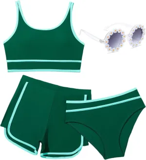 Girls Swimsuits 3 Piece Bathing Suit Bikini Set with Sporty Shorts and Sunglasses Beach Swimwear for Girl 8-15 Years