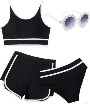 Girls Swimsuits 3 Piece Bathing Suit Bikini Set with Sporty Shorts and Sunglasses Beach Swimwear for Girl 8-15 Years
