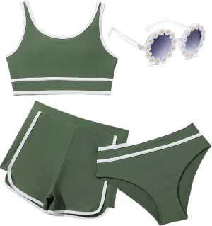 Girls Swimsuits 3 Piece Bathing Suit Bikini Set with Sporty Shorts and Sunglasses Beach Swimwear for Girl 8-15 Years