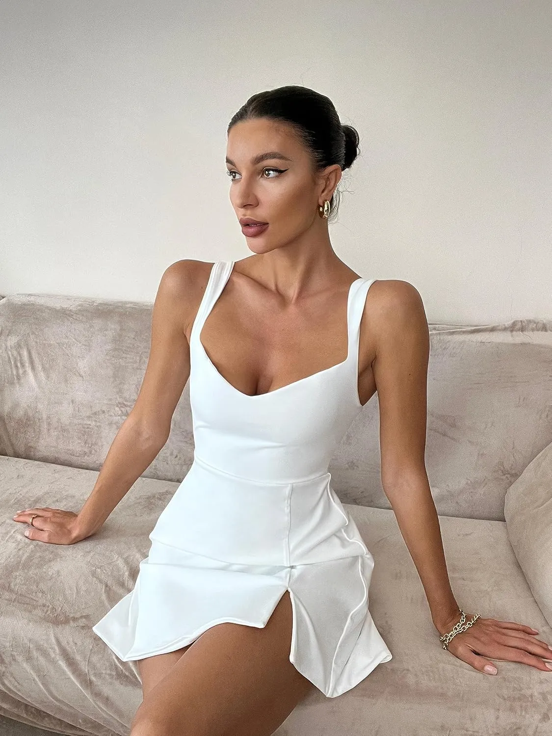 GOKATOSAU Women's Sleeveless Sweetheart Neckline A-line Split Bodycon Mini Dress
