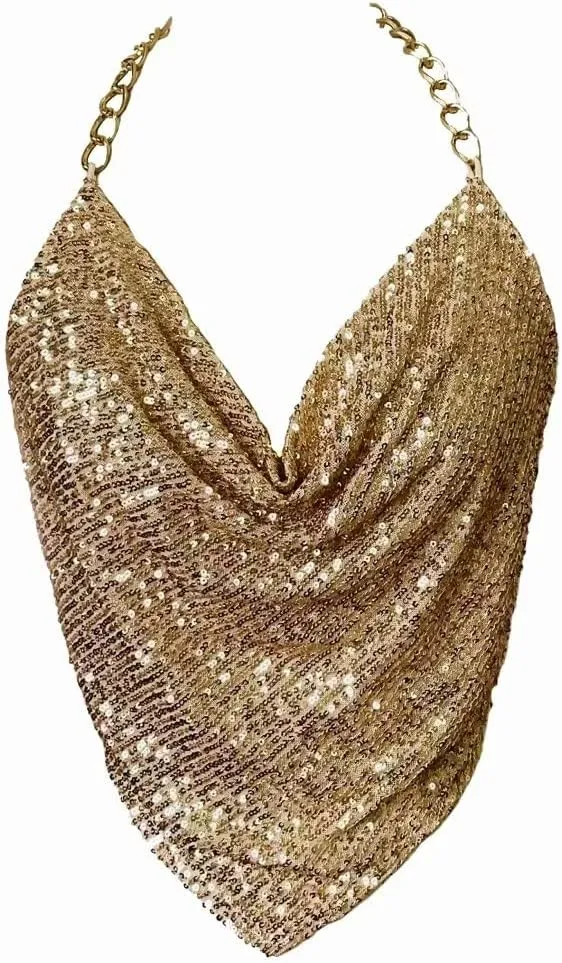 Gold Sexy Tops for Women Sparkly Deep V Neck Crop Tank Tops Cami Body Chain Top